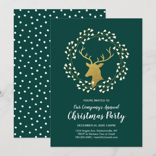 Invitation Dîner de fête moderne de Noël vert et or (Devant / Derrière)
