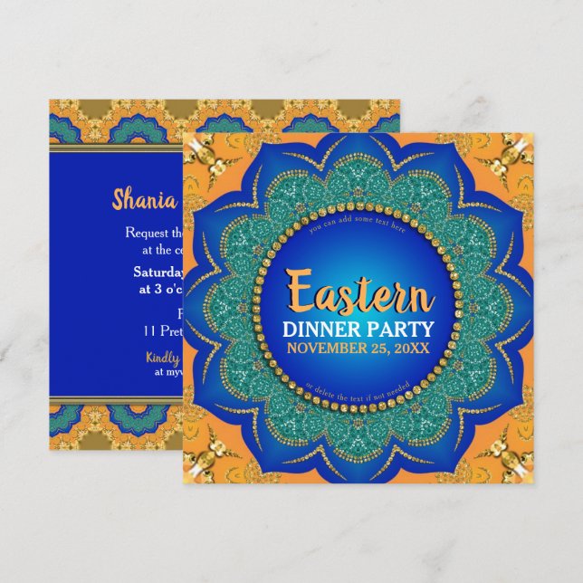Invitation Dîner de fête oriental épicé orange bleu royal or (Devant / Derrière)
