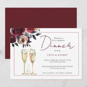 Invitation Dîner de fiançailles floral bordeaux aquarelle chi
