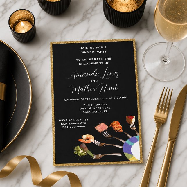Invitation Dîner de Fiançailles Moderne (5x7) Noir/Or  (Créateur téléchargé)