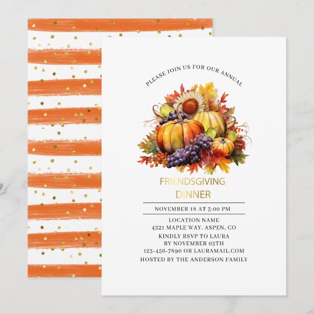 Invitation dîner de Friendsgiving automnal à l'aquarelle de c (Devant / Derrière)
