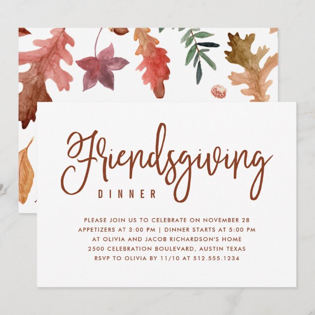 Invitation Dîner de Friendsgiving | Blanc avec feuilles d'aut (Devant / Derrière)