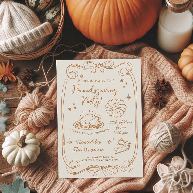 Invitation Dîner de Friendsgiving Dessin à la Main Doodle Aut (Créateur téléchargé)