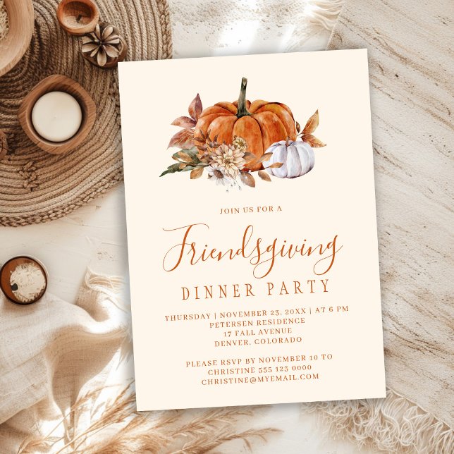 Invitation Dîner de Friendsgiving floral à la pumpkin rustiqu (Créateur téléchargé)