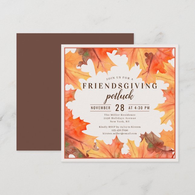 Invitation Dîner de Friendsgiving Potluck Feuilles d'Automne (Devant / Derrière)