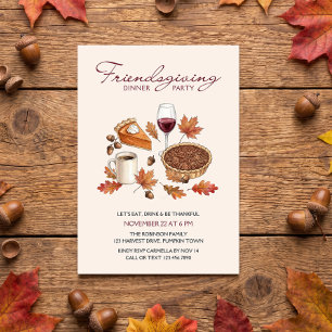 Invitation Dîner de Friendsgiving rustique avec tarte et feui