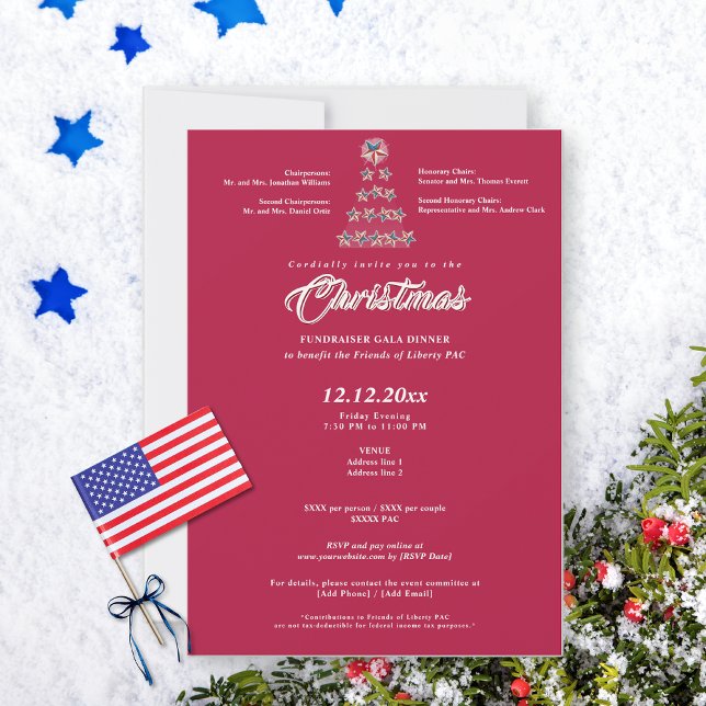 Invitation Dîner de gala de collecte de fonds politique de No (Red Christmas political fundraiser gala invitation on snowy background with star tree)