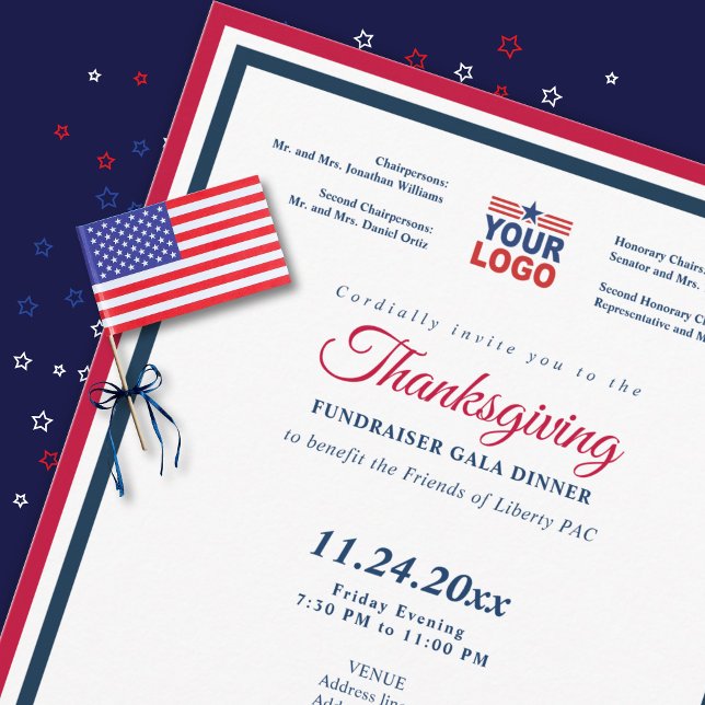 Invitation Dîner de gala de collecte de fonds politique de Th (Patriotic Thanksgiving fundraiser gala dinner invitation close-up with decorative flag and ribbon)