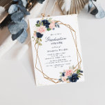 Invitation Dîner de graduation géométrique floral et floral<br><div class="desc">Un design floral bleu marine et rougissant avec un cadre géométrique avec du texte au milieu. L'arrière - plan de la Marine peut aussi être changé.</div>