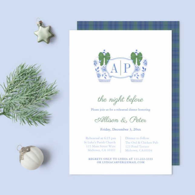 Invitation Dîner de la Chinoiserie Mariage de Noël (Christmas Chinoiserie Monogram Wedding Rehearsal and Dinner invitation with blue green tartan backer)