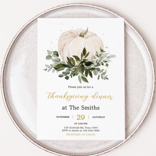 Invitation Dîner de la fête de Thanksgiving avec citrouille b (White Pumpkin Fall Thanksgiving Dinner Party Invitation)