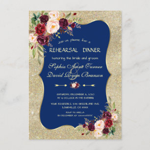 Invitation Dîner de la Royal Navy Blue Blush Floral Gold