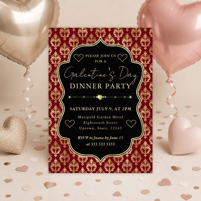 Invitation Dîner de la Saint-Valentin en damassé rouge et or  (Créateur téléchargé)