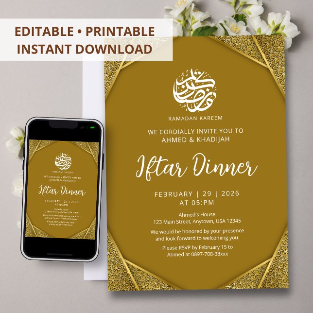 Invitation Dîner de l'Iftar de Ramadan octogonal doré de luxe (Créateur téléchargé)