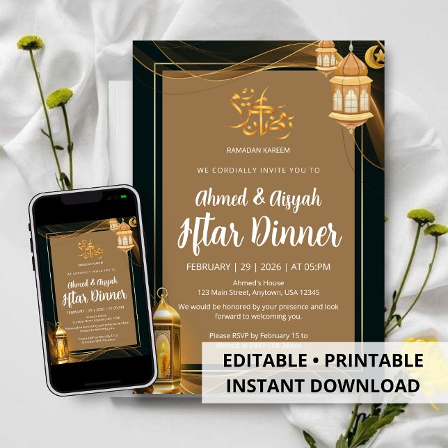 Invitation Dîner de l'Iftar doré et noir de luxe islamique (Créateur téléchargé)
