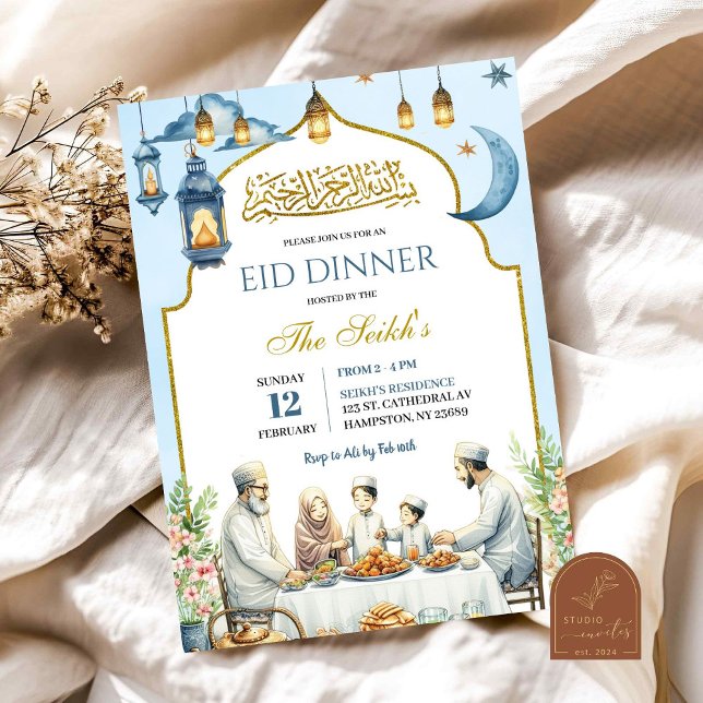 Invitation Dîner de l'Iftar du Ramadan bleu poussiéreux Famil (Créateur téléchargé)