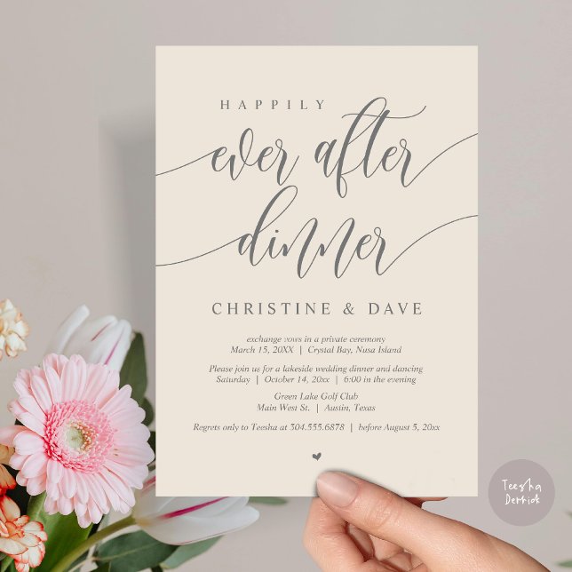 Invitation Dîner de Mariage à l'Anglaise "Happily Ever After" (Happily Ever After Dinner Invitation Card, PDF, Modern Calligraphy Script, in Cream Dark Grey)