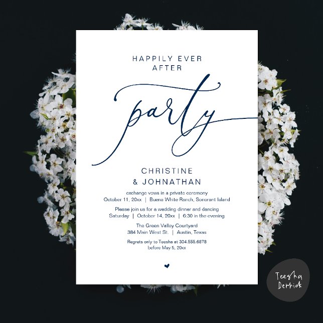 Invitation Dîner de Mariage Dansant pour un Bonheur Éternel (Happily Ever After Romantic Wedding Dinner Party Dancing Modern Clean Invites Card PDF Navy Blue)