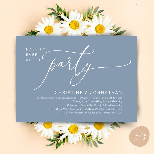 Invitation Dîner de Mariage Dansant Pour un Bonheur Éternel (Happily Ever After Romantic Wedding Dinner Party Dancing Modern Clean Invites Card PDF Dusty Blue)