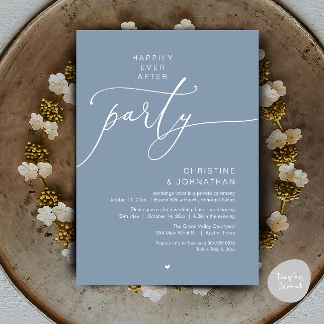 Invitation Dîner de Mariage Dansant Pour un Bonheur Éternel (Happily Ever After Romantic Wedding Dinner Party Dancing Modern Clean Invites Card PDF Dusty Blue)