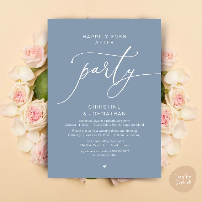 Invitation Dîner de Mariage Dansant pour un Bonheur Éternel (Happily Ever After Romantic Wedding Dinner Party Dancing Modern Clean Invites Card PDF Dusty Blue)