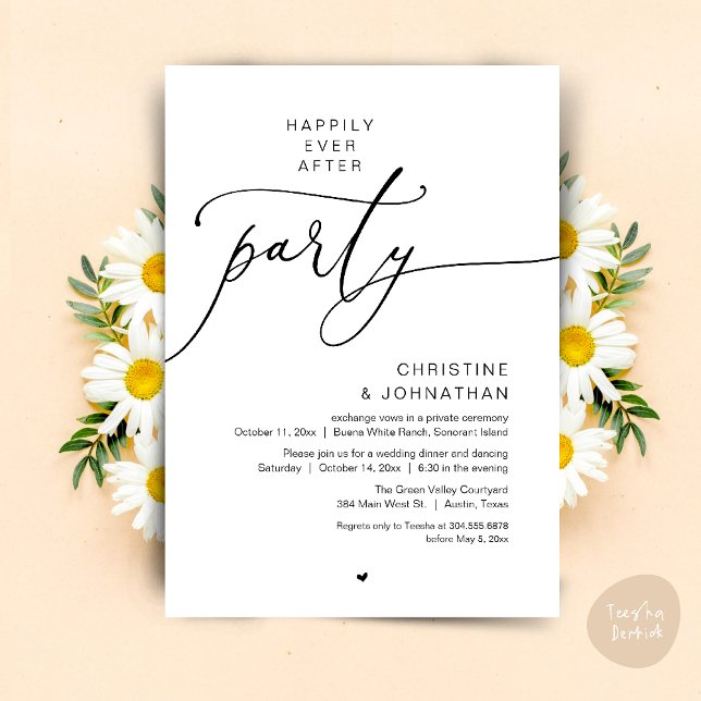 Invitation Dîner de Mariage Dansant pour une Fin Heureuse (Happily Ever After Romantic Wedding Dinner Party Dancing Modern Clean Invites Card PDF Black White)