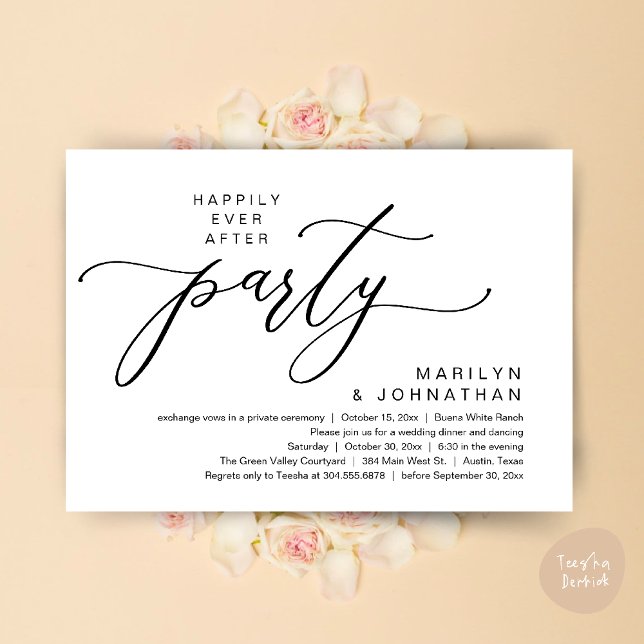 Invitation Dîner de Mariage de Fuite pour la Soirée du Bonheu (Happily Ever After Party Wedding Elopement Romantic Dinner Brunch Invitation Card PDF White Black)