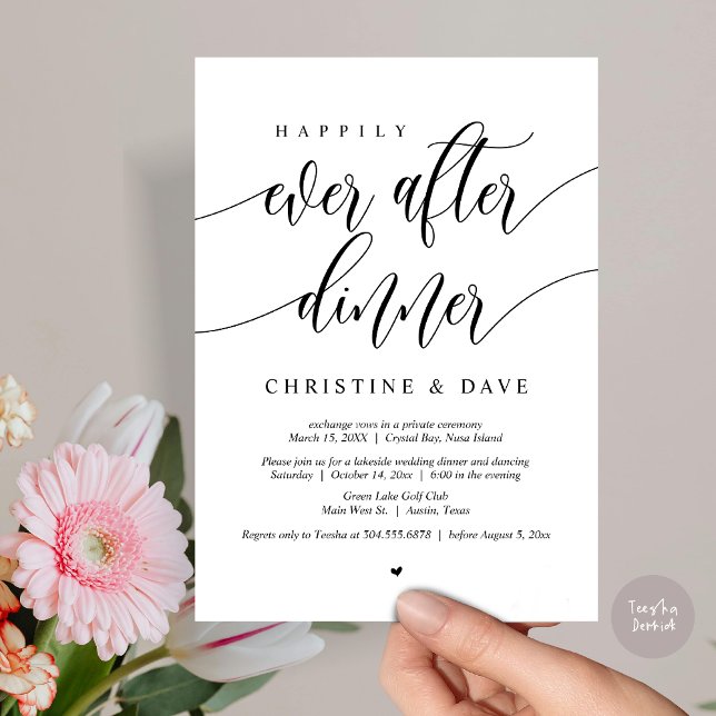Invitation Dîner de Mariage en Intime avec Danse pour une Nui (Happily Ever After Dinner Invitation Card, PDF, Modern Calligraphy Script, in Black and White)