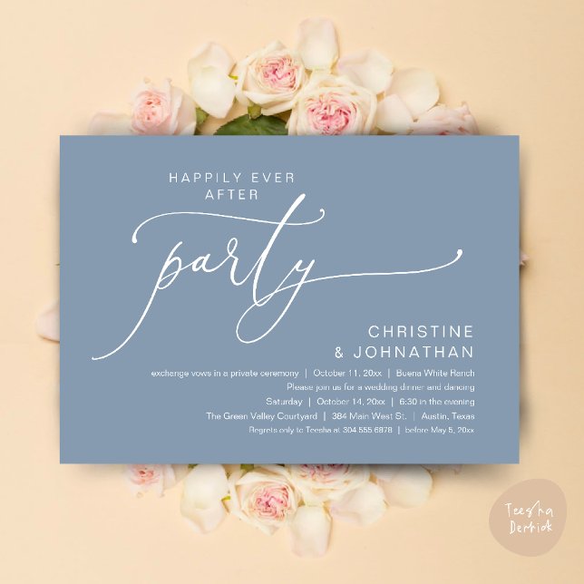 Invitation Dîner de mariage et soirée dansante pour un bonheu (Happily Ever After Romantic Wedding Dinner Party Dancing Modern Clean Invites Card PDF Dusty Blue)
