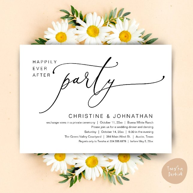 Invitation Dîner de mariage et soirée dansante pour une fin h (Happily Ever After Romantic Wedding Dinner Party Dancing Modern Clean Invites Card PDF Black White)