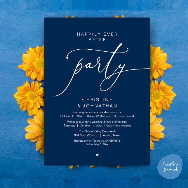 Invitation Dîner de mariage et soirée dansante pour une fin h (Happily Ever After Romantic Wedding Dinner Party Dancing Modern Clean Invites Card PDF Navy Blue)