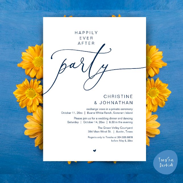 Invitation Dîner de mariage et soirée dansante pour une fin h (Happily Ever After Romantic Wedding Dinner Party Dancing Modern Clean Invites Card PDF Navy Blue)