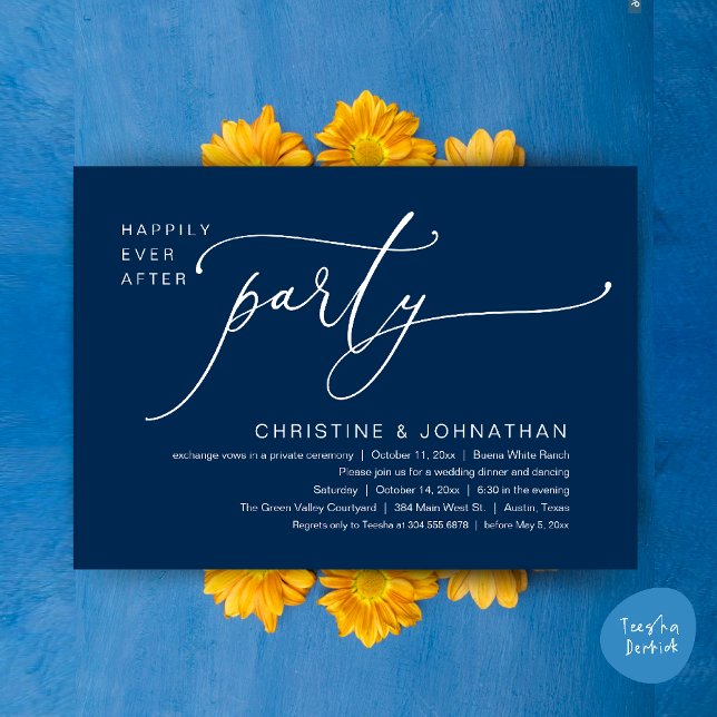 Invitation Dîner de mariage et soirée dansante pour une fin h (Happily Ever After Romantic Wedding Dinner Party Dancing Modern Clean Invites Card PDF Navy Blue)