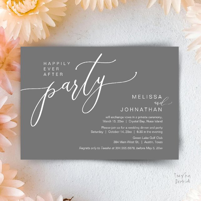 Invitation Dîner de Mariage Fugitif Happily Ever After (Happily Ever After Wedding Elopement Dinner Party Invitation card, in Dark Grey)