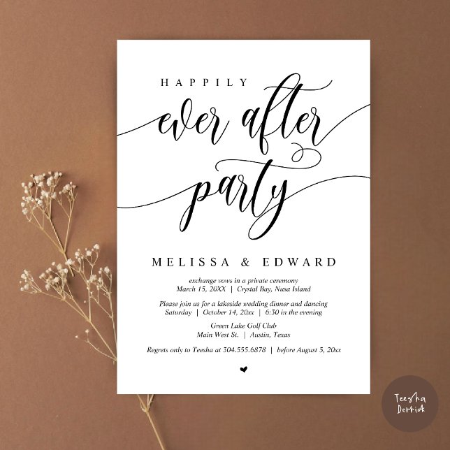 Invitation Dîner de Mariage Intime avec une Fête de Félicité  (Happily Ever After Elopement Party Invitation Card, PDF, Modern Wedding Dinner, in Black and White)