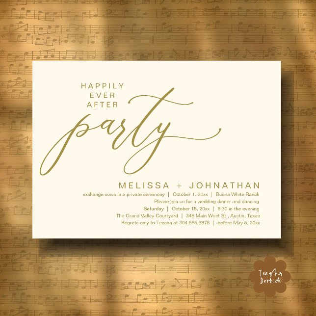 Invitation Dîner de Mariage Intime et Romantique (Romantic Modern Happily Ever After Party Elopement Dinner Invitation Card PDF in Classy Yellow Gold)