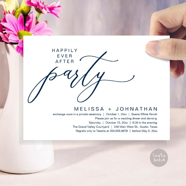 Invitation Dîner de Mariage Intime et Romantique (Romantic Modern Happily Ever After Party Elopement Dinner Invitation Card PDF in Classy Navy Blue)