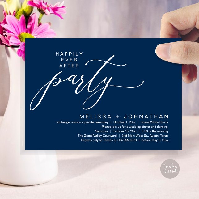 Invitation Dîner de Mariage Intime et Romantique (Romantic Modern Happily Ever After Party Elopement Dinner Invitation Card PDF in Classy Navy Blue)