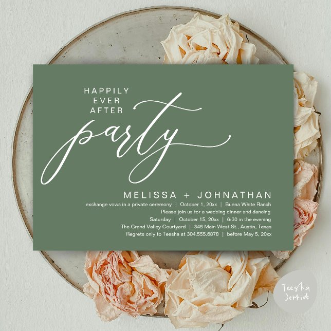 Invitation Dîner de Mariage Intime et Romantique (Romantic Modern Happily Ever After Party Elopement Dinner Invitation Card PDF in Rustic Sage Green)