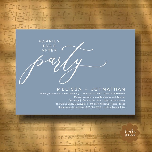 Invitation Dîner de Mariage Intime et Romantique (Romantic Modern Happily Ever After Party Elopement Dinner Invitation Card PDF in Classy Dusty Blue)