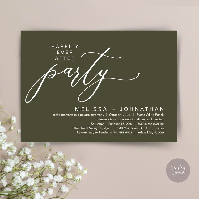 Invitation Dîner de Mariage Intime et Romantique (Romantic Modern Happily Ever After Party Elopement Dinner Invitation Card PDF in Rustic Olive Green)