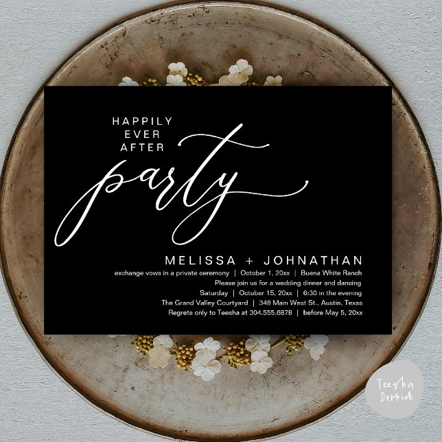 Invitation Dîner de Mariage Intime et Romantique à la Fête du (Romantic Modern Happily Ever After Party Elopement Dinner Invitation Card PDF in Classy Black White)