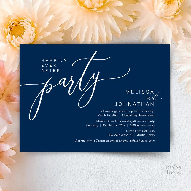 Invitation Dîner de Mariage Intime Happily Ever After (Happily Ever After Wedding Elopement Dinner Party Invitation card, in Navy blue)