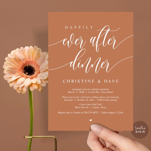 Invitation Dîner de Mariage Intime Happily Ever After, Cuivre (Happily Ever After Dinner Invitation Card, PDF, Modern Calligraphy Script, in Copper Rust)