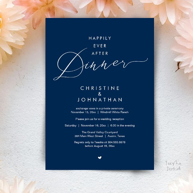 Invitation Dîner de Mariage Moderne Heureux Pour Toujours Réc (Happily Ever After Dinner Modern Wedding Reception Invitation Card Elopement PDF Navy Blue)