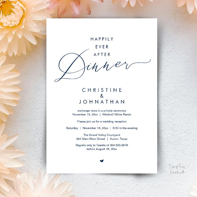 Invitation Dîner de Mariage Moderne Heureux Pour Toujours Réc (Happily Ever After Dinner Modern Wedding Reception Invitation Card Elopement PDF Navy Blue)