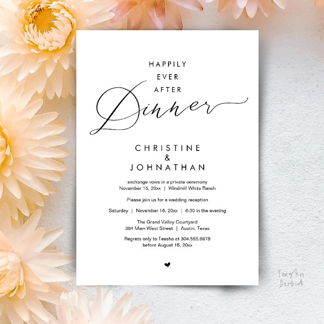 Invitation Dîner de Mariage Moderne Réception de Mariage Heur (Happily Ever After Dinner Modern Wedding Reception Invitation Card Elopement PDF Black and White)
