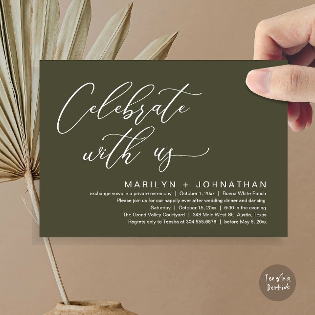 Invitation Dîner de mariage romantique, Célébrez avec nous (Celebrate with us, Romantic Wedding Dinner Brunch Party Invites Card PDF Modern Classy Olive Green)