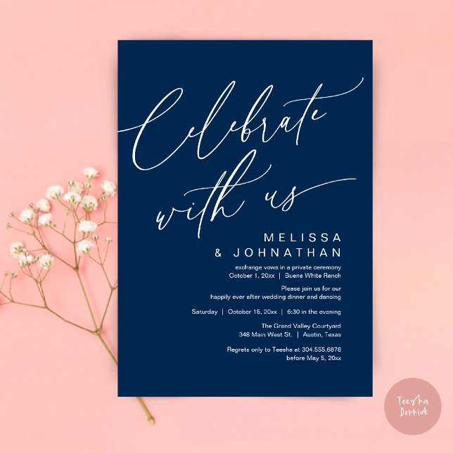 Invitation Dîner de mariage romantique, Célébrez avec nous (Romantic Wedding Dinner Party, Celebrate with us Lunch Brunch Modern Invites Card  PDF Navy Blue)