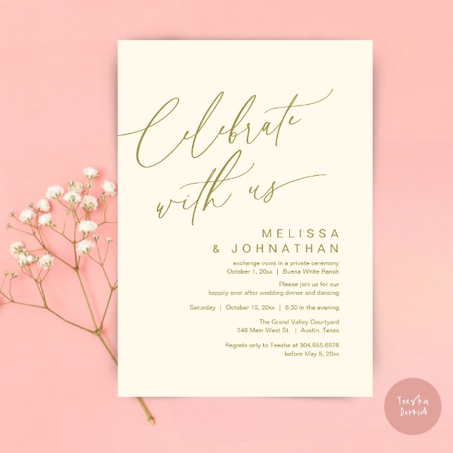 Invitation Dîner de mariage romantique, Célébrez avec nous (Romantic Wedding Dinner Party, Celebrate with us Lunch Brunch Modern Invites Card  PDF Yellow Gold)